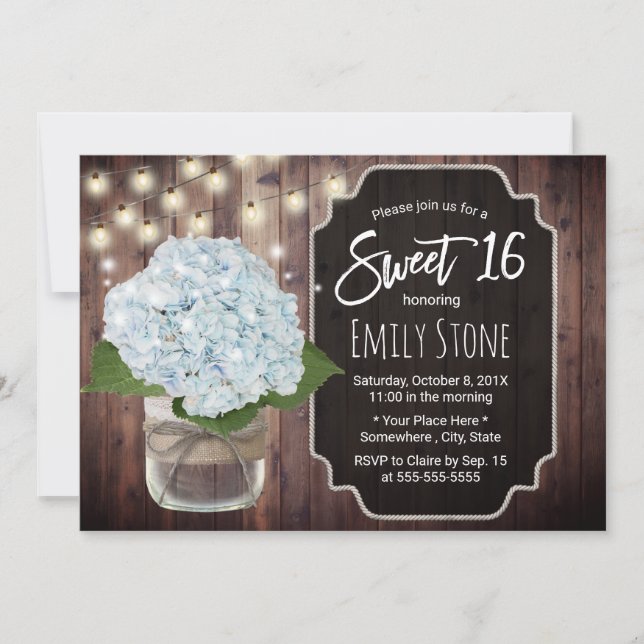 Rustic Blue Hydrangea Flower Mason Jar Sweet 16 Invitation (Front)
