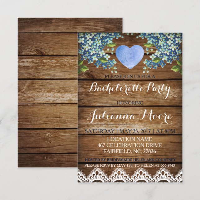 Rustic Blue Hydrangea/Lace Bachelorette Party Card (Front/Back)
