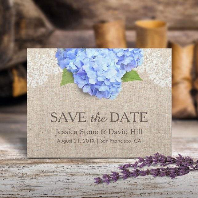 Rustic Blue Hydrangea Lace & Burlap Save the Date Announcement Postcard (Creator Uploaded)