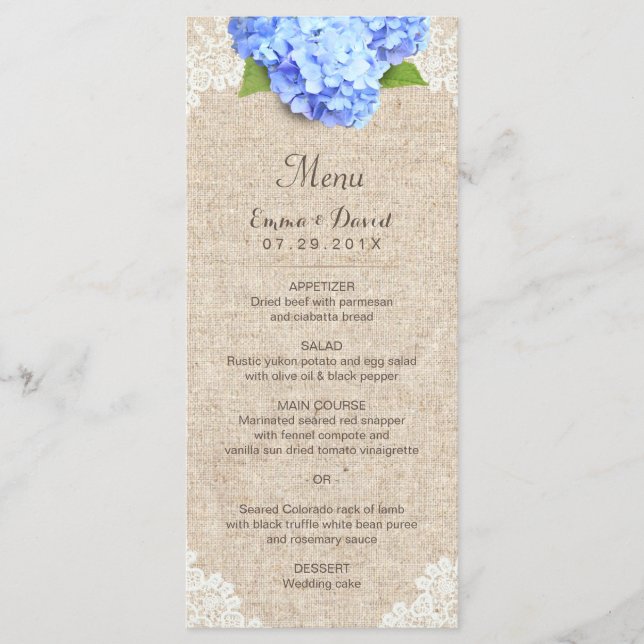 Rustic Blue Hydrangea Lace & Burlap Wedding Menu (Front)