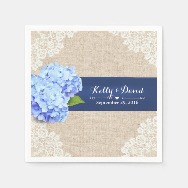 Rustic Blue Hydrangea Lace & Burlap Wedding Napkin (Front)
