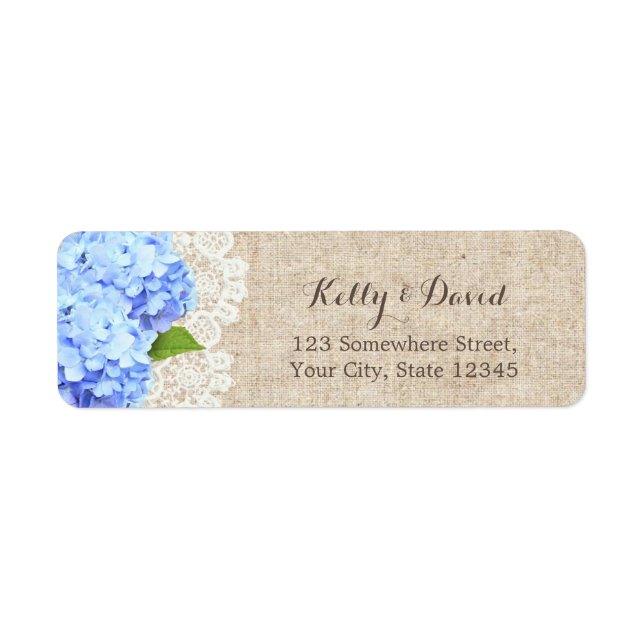 Rustic Blue Hydrangea Lace & Burlap Wedding Return Address Label (Front)