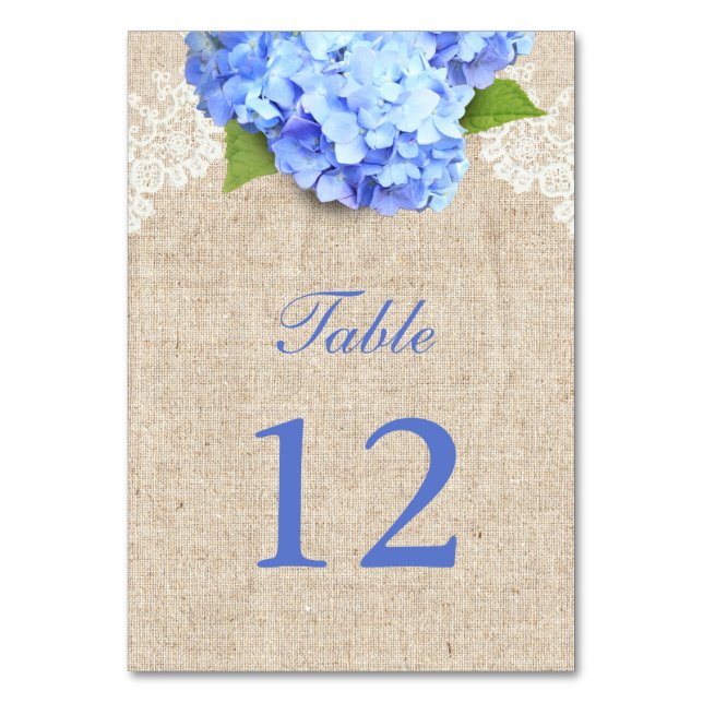 Rustic Blue Hydrangea Lace & Burlap Wedding Table Number (Front)
