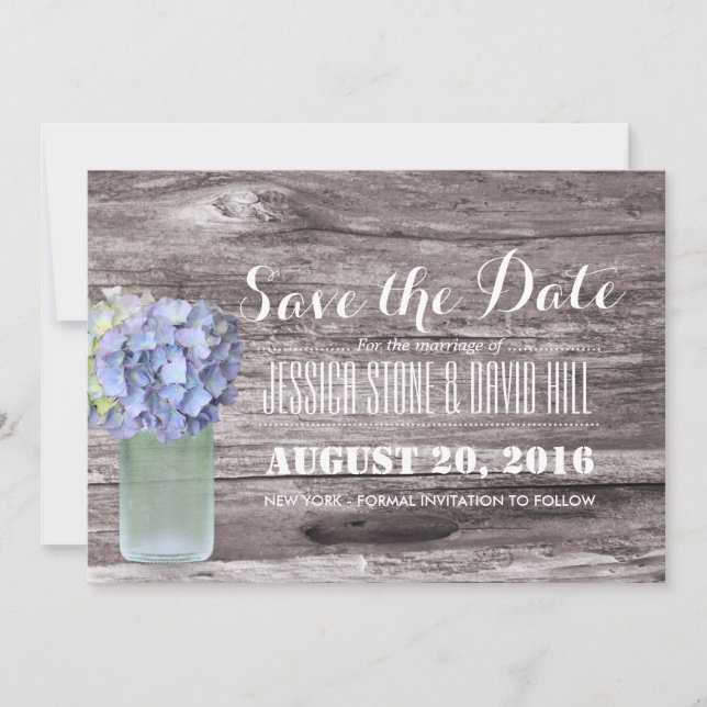 Rustic Blue Hydrangea Mason Jar Wood Save the Date (Front)