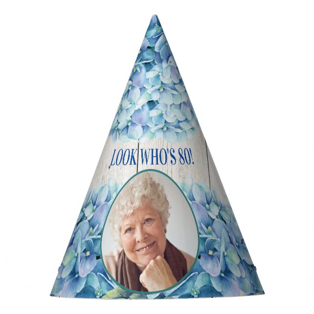 Rustic Blue Hydrangea Photo 80th Birthday Party Hat (Front)