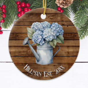 Rustic Blue Hydrangea Watering Can Personalised Ceramic Ornament