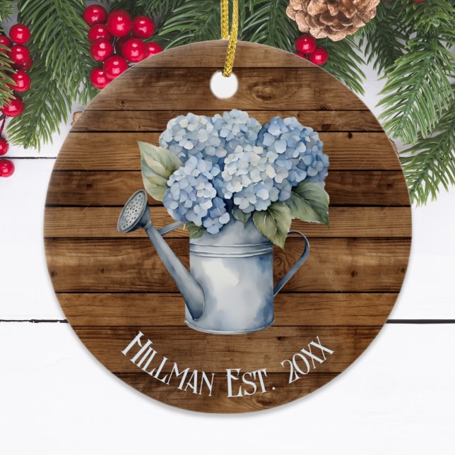Rustic Blue Hydrangea Watering Can Personalised  Ceramic Ornament (Rustic Blue Hydrangea Watering Can Personalized Ceramic Ornament
)