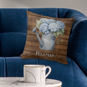 Rustic Blue Hydrangea Watering Can Personalised  Cushion