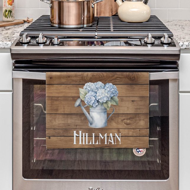 Rustic Blue Hydrangea Watering Can Personalised  Tea Towel (Rustic Blue Hydrangea Watering Can Personalized Kitchen Towel
)