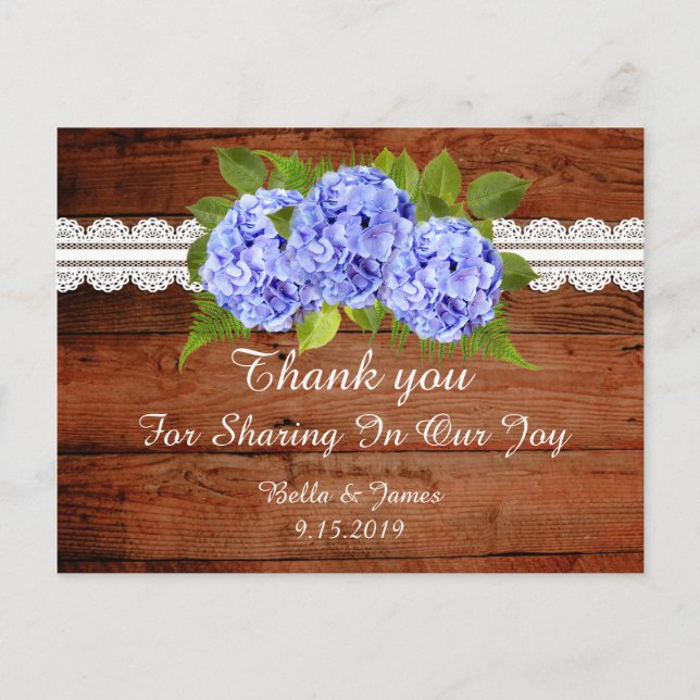 Rustic Blue Hydrangea Wedding Thank you Postcard (Front)