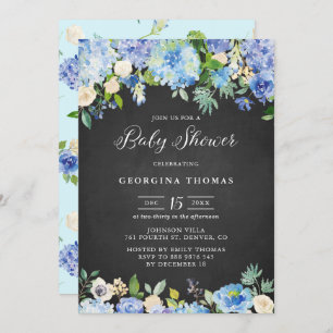 Rustic Blue Hydrangeas Chalkboard Baby Shower Invitation