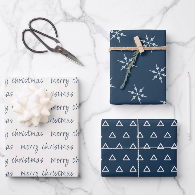 Rustic Blue Ivory Merry Christmas Snowflake Wrapping Paper Sheet (Front)