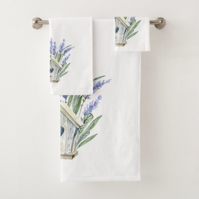 Rustic Blue Lavender Birdhouse Floral Bath Towel Set (Insitu)