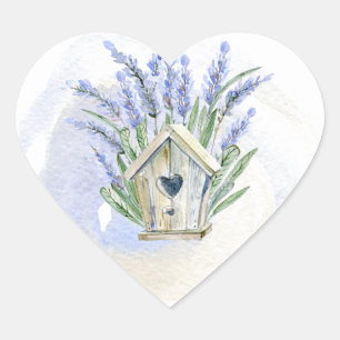 Rustic Blue Lavender Birdhouse Floral Heart Sticker