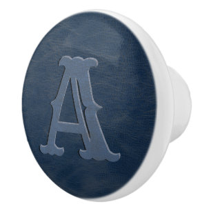 Rustic Blue Leather Texture Monogram Initial Ceramic Knob