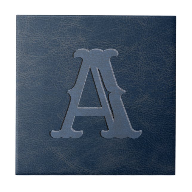 Rustic Blue Leather Texture Monogram Initial Ceramic Tile (Front)
