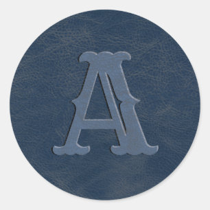 Rustic Blue Leather Texture Monogram Initial Classic Round Sticker
