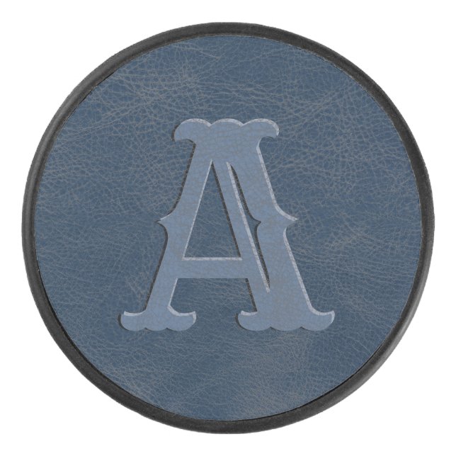 Rustic Blue Leather Texture Monogram Initial Hockey Puck (Front)