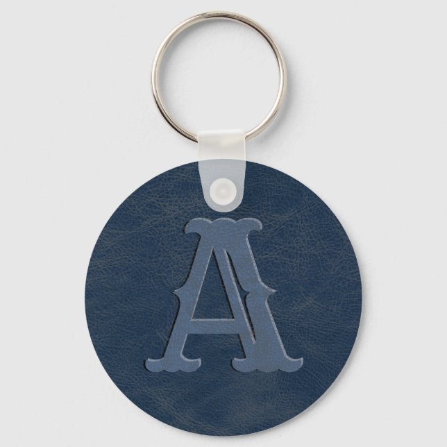 Rustic Blue Leather Texture Monogram Initial Key Ring (Front)