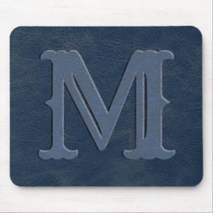 Rustic Blue Leather Texture Monogram Initial Mouse Pad