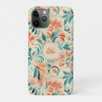 Rustic Blue Leaves and Red-Orange Floral Pattern