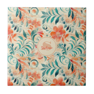 Rustic Blue Leaves and Red-Orange Floral Pattern Ceramic Tile