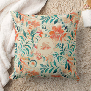 Rustic Blue Leaves and Red-Orange Floral Pattern Cushion