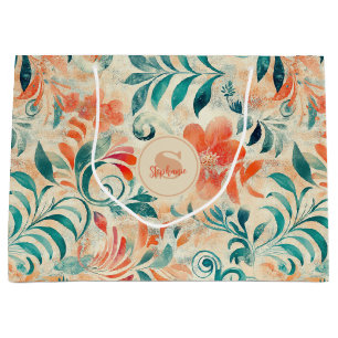 Rustic Blue Leaves and Red-Orange Floral Pattern Large Gift Bag