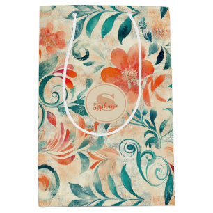 Rustic Blue Leaves and Red-Orange Floral Pattern Medium Gift Bag