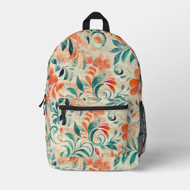 Rustic Blue Leaves and Red-Orange Floral Pattern Printed Backpack (Front)