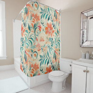 Rustic Blue Leaves and Red-Orange Floral Pattern Shower Curtain
