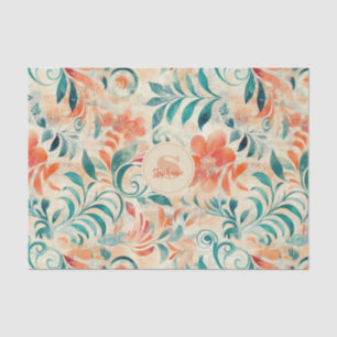 Rustic Blue Leaves and Red-Orange Floral Pattern Tissue Paper