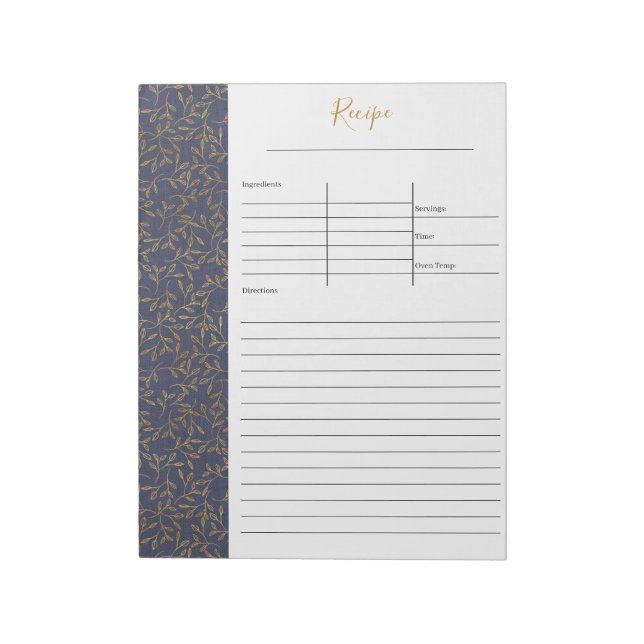 Rustic Blue Linen and Gold Leaf Blank Recipe Notepad (Rotated)