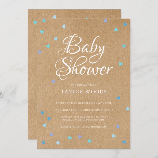 Rustic Blue Love Hearts Baby Boy Shower/Sprinkle Invitation (Front/Back)