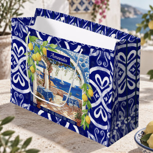 Rustic Blue Majolica Sicilian Citrus Tile Pattern Large Gift Bag