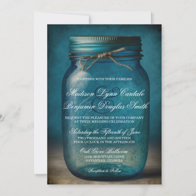 Rustic Blue Mason Jar Country Wedding Invitation (Front)