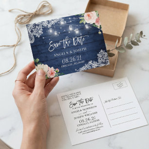 Rustic Blue Mason Jar Lights Wedding Save the Date Invitation Postcard