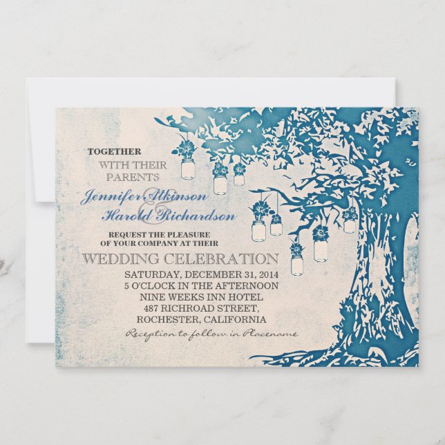 Rustic blue mason jars tree wedding invitations (Front)