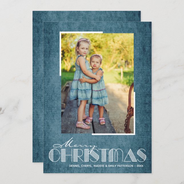 Rustic Blue Merry Christmas Photo Holiday Card (Front/Back)