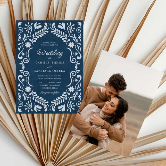 Rustic Blue Mexican Wedding Photo Invitation (Blue Rustic Mexican Photo Wedding Invitation)
