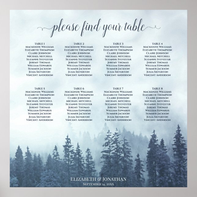 Rustic Blue Mountain Pines 8 Table Seating Chart (Front)