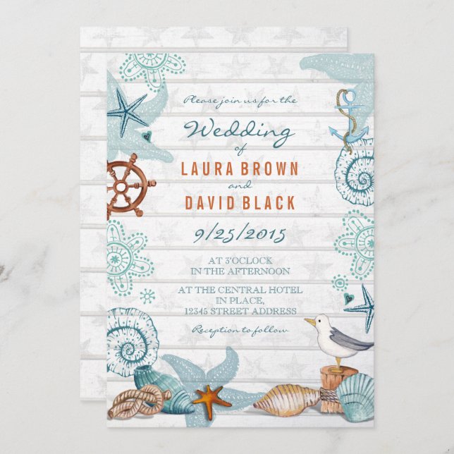 Rustic Blue Nautical Beach Sand Wedding Invitation (Front/Back)