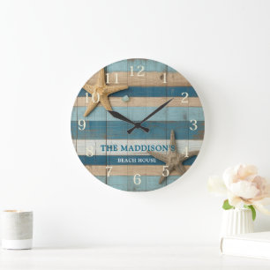 Rustic blue nautical Beach Wood Family Custom Large Clock