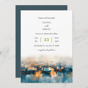 Rustic Blue Nautical Harbour Dawn Art Beach Weddin Invitation