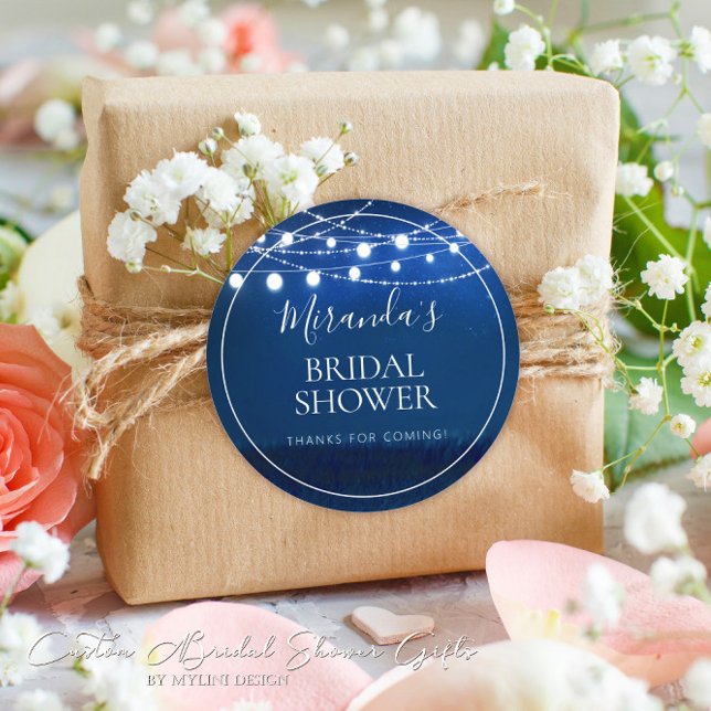 Rustic Blue Night and String Lights Bridal Shower Classic Round Sticker (Creator Uploaded)