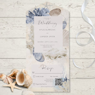 Rustic Blue Ocean Beach Cream QR Code All In One Invitation