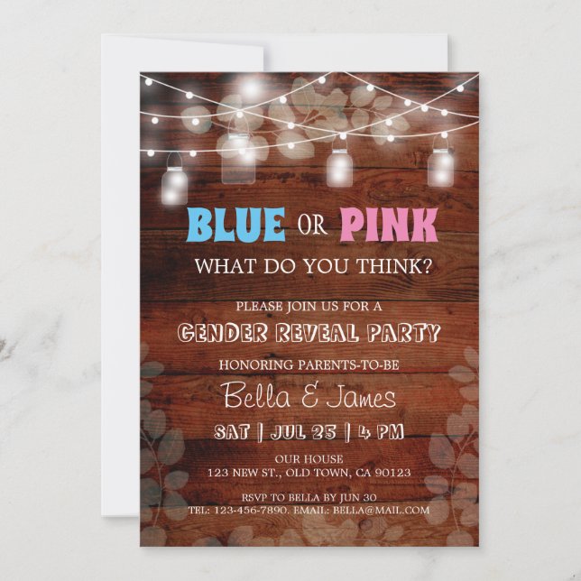 Rustic blue or pink gender reveal party invitation (Front)