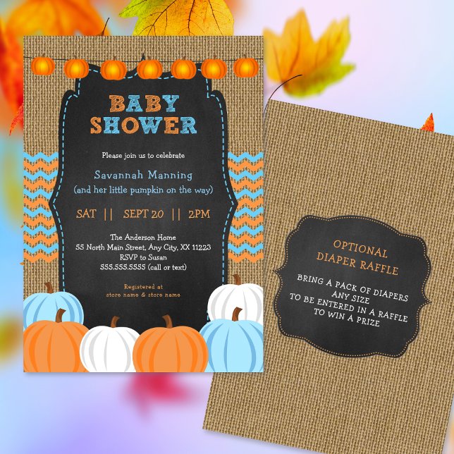 Rustic Blue Orange Pumpkin baby shower invitation (Creator Uploaded)