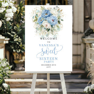 Rustic Blue Peony Gold Sweet 16 Welcome Sign