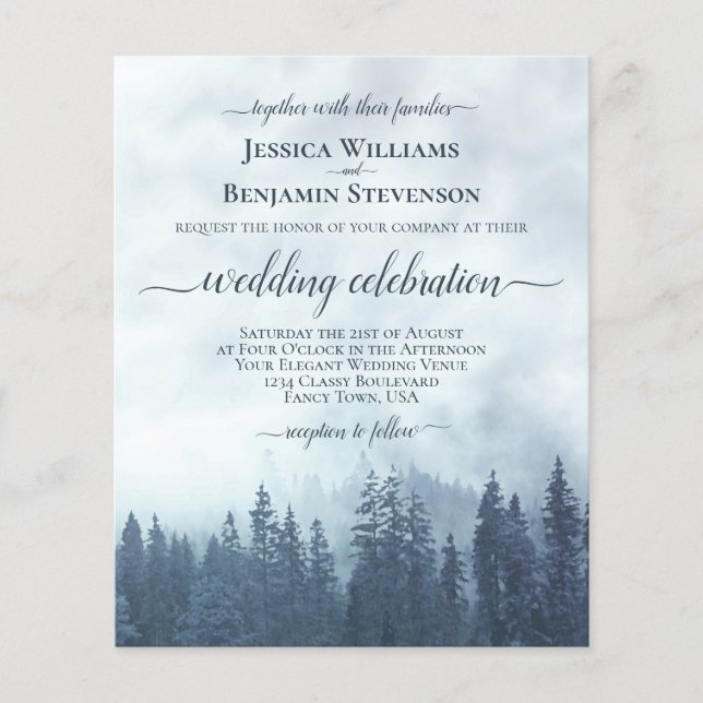 Rustic Blue Pine Trees BUDGET Wedding Invitation (Front)